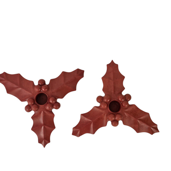 Vintage dark red Bakelite pair holly and berry candleholders home decor - Picture 5 of 7